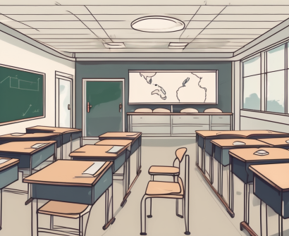 A classroom with empty desks