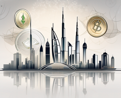 A luxurious dubai skyline with a symbolic representation of teaching (like an apple or a graduation cap) and currency symbols to signify high income