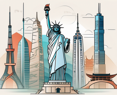 A variety of iconic landmarks from different cultures
