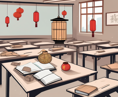 A classroom with a few culturally symbolic items from china (like a lantern or dragon) and some scattered teaching materials
