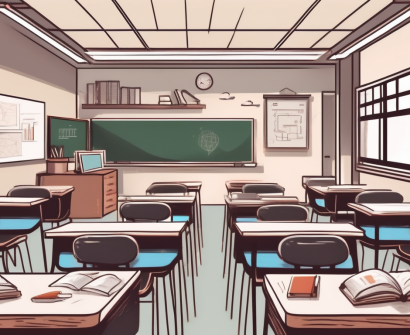 A classroom setting with a globe