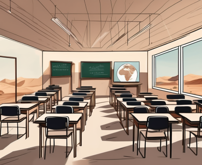 A classroom with empty desks and chairs