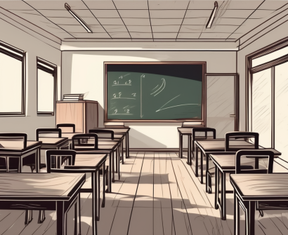 A vietnamese classroom with empty teacher's desks and a chalkboard