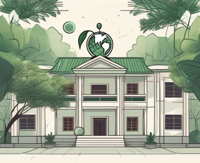 A serene cambodian school setting with lush greenery