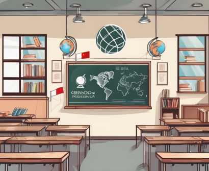 A classroom scene in china with a chalkboard displaying a ladder symbolizing career progression