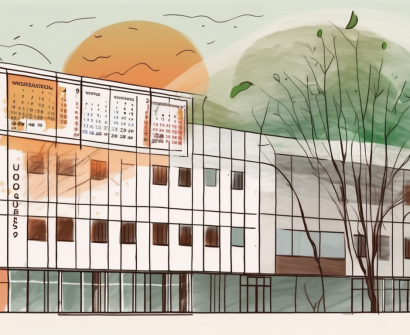 An international school building in mexico with a calendar showing different seasons in the background