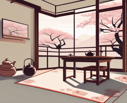 A serene japanese classroom setting with elements such as a cherry blossom tree outside the window