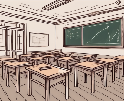 A dimly lit classroom with empty desks