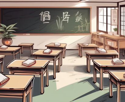 A classroom setting in china with a chalkboard