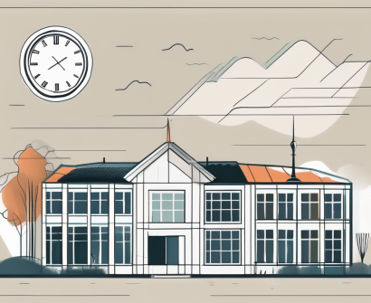 A dutch landscape featuring a few international school buildings with a calendar and a clock