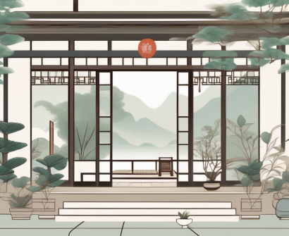 A tranquil taiwanese school setting with elements such as a serene garden