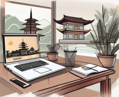 A home setting with a computer screen displaying various iconic vietnamese landmarks