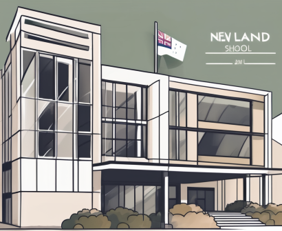 A new zealand landscape featuring an international school building with a calendar and a clock symbolizing the start of hiring season