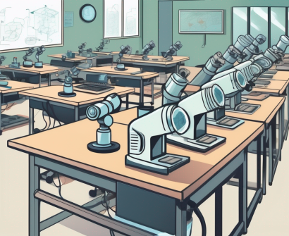A classroom setting in thailand filled with various stem-related equipment like microscopes
