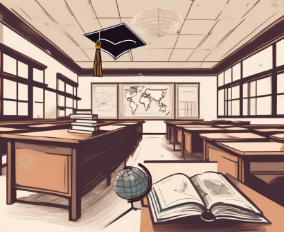 A classroom setting in china with scattered educational tools such as books