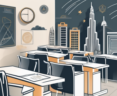A classroom setting in dubai with highlighted elements such as a graduation cap