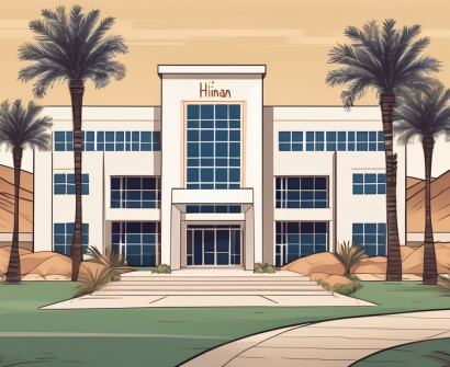 An international school building in oman with a "hiring" sign on the front lawn
