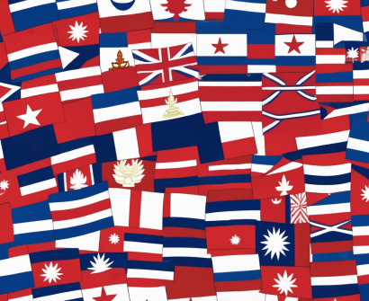 A diverse range of international flags planted on a map of cambodia
