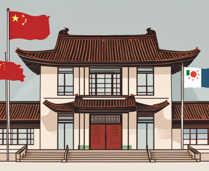 A diverse array of international flags positioned around a traditional chinese school building