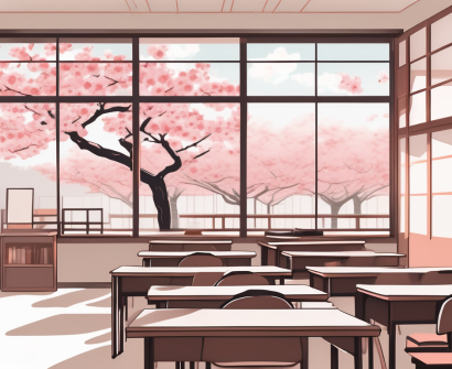 A japanese classroom setting with international flags
