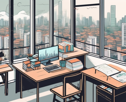 A classroom setting in china with a desk full of teaching materials and a view of the cityscape from the window