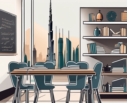 A classroom setting in dubai with various language learning tools like headphones