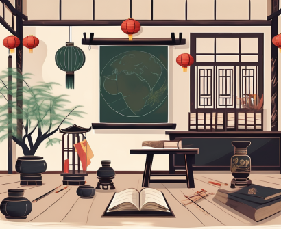 A traditional chinese classroom setting with various educational tools such as a chalkboard