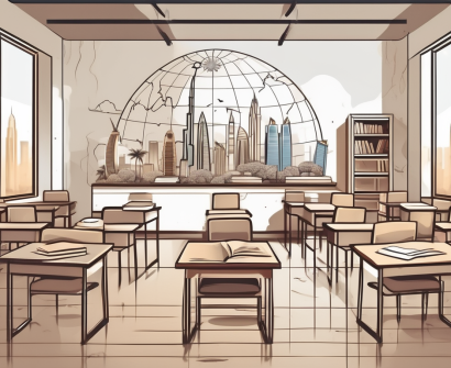 A classroom with various cultural symbols representing different nations