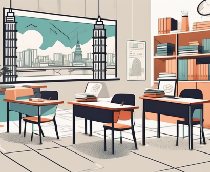 A classroom setting with diverse educational tools and symbols representing different nationalities
