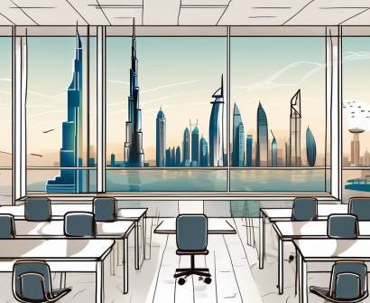A classroom setting with a view of dubai's skyline in the background