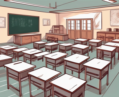 A classroom setting with an empty teacher's desk and chair in the forefront