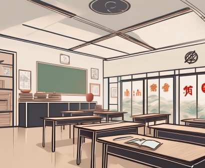 A classroom setting in china with various educational tools and symbols