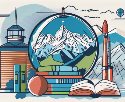 The zurich international school building surrounded by various educational symbols like books