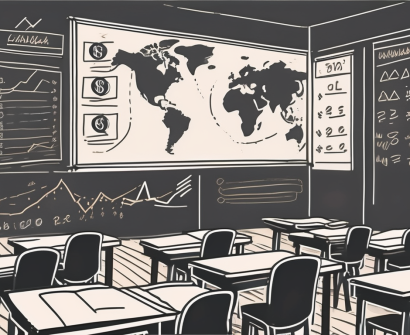 A traditional indonesian classroom with a chalkboard displaying various currency symbols