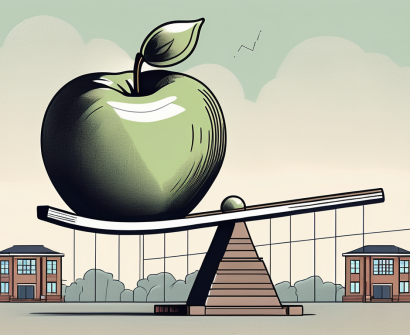 A heavily weighted apple (symbolizing knowledge) on a teeter-totter
