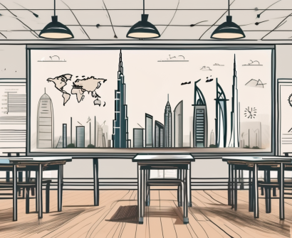A classroom setting with iconic dubai landmarks in the background
