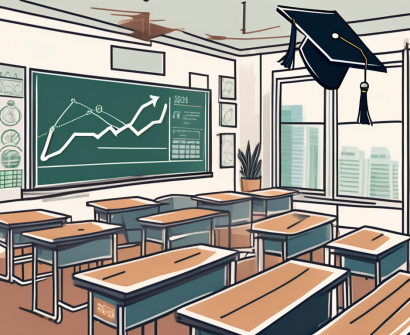 A classroom setting in malaysia with various financial symbols like currency and graphs