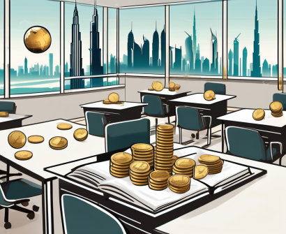 A modern classroom with a view of dubai's skyline