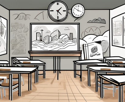 A classroom setting in dubai with various symbolic elements representing challenges such as a locked book (limited resources)