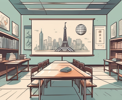 A classroom setting in china with various international symbols (like the eiffel tower