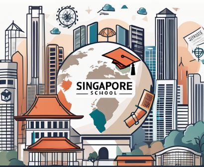A singapore skyline with an international school building prominently featured