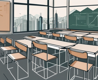 A classroom setting with iconic hong kong landmarks in the background