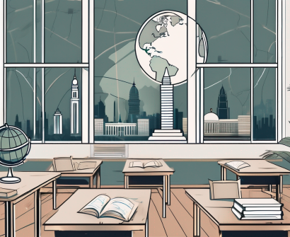 A classroom setting with a view of iconic malaysian landmarks through the window