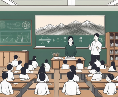 A classroom with diverse cultural symbols and a chalkboard with complex equations