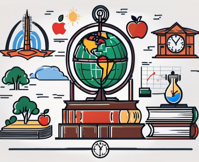 A thai school building with seven symbolic elements around it