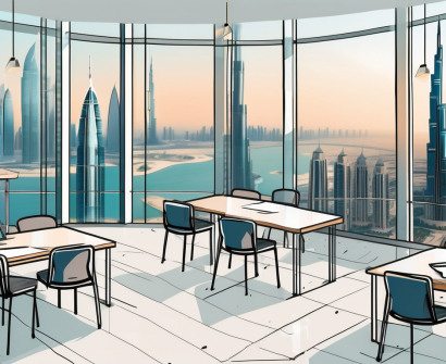 A modern classroom setting with a view of dubai's iconic skyline