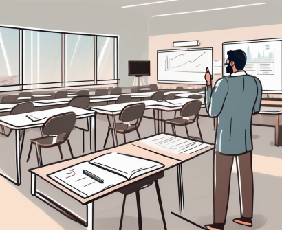 A classroom setting in dubai with teaching materials and an interview setup