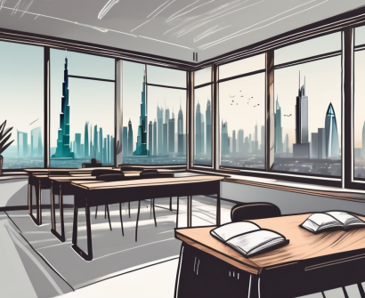 A classroom setting with a view of the iconic dubai skyline