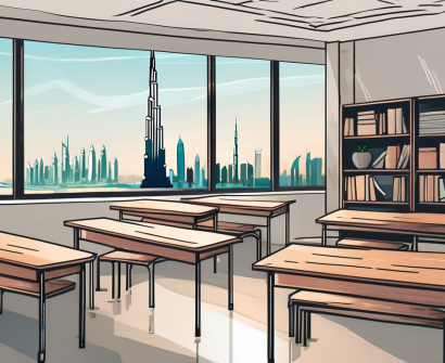 A classroom setting with a view of dubai's skyline