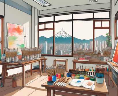 A vibrant classroom in taiwan filled with various art supplies like paintbrushes